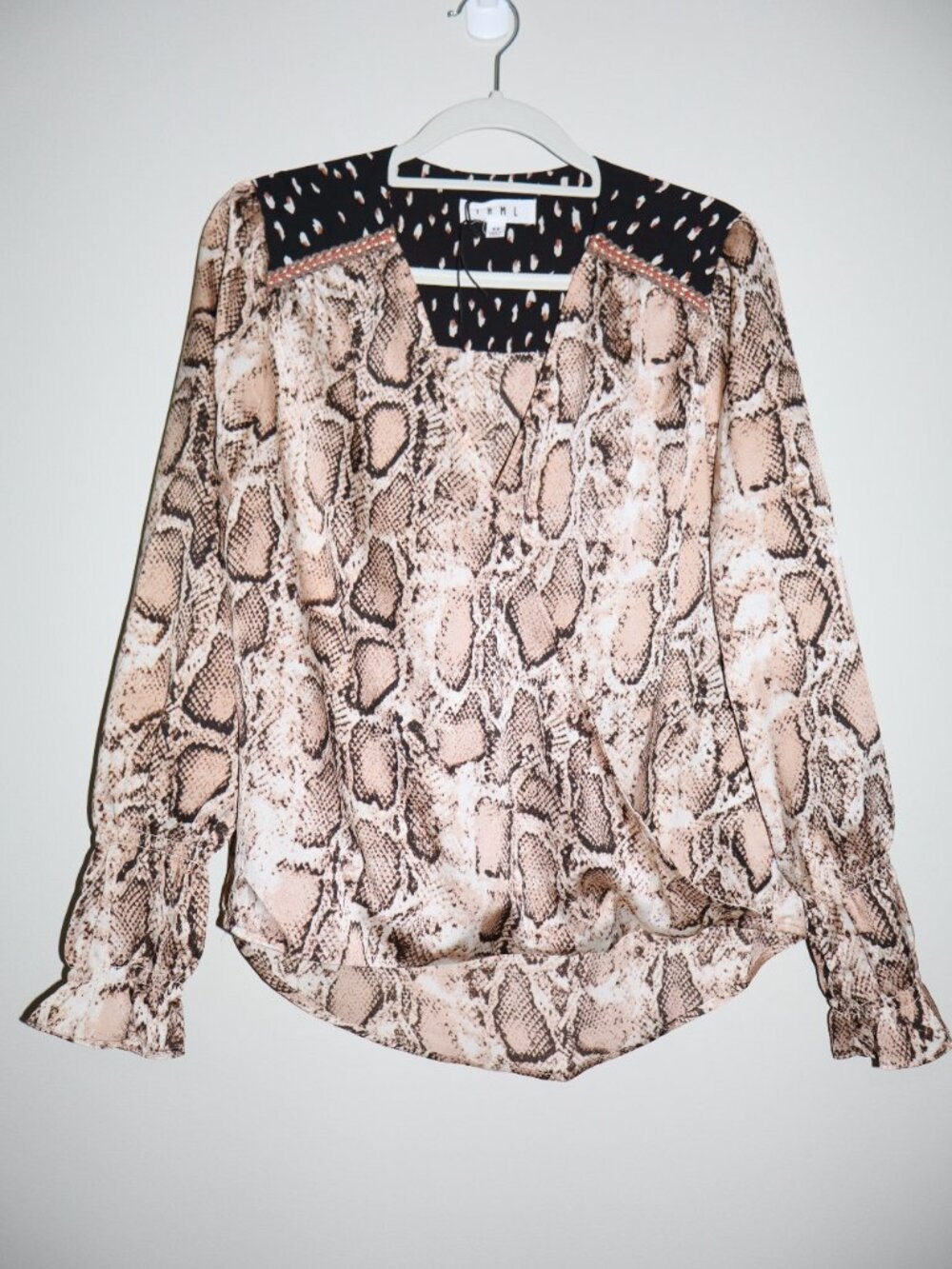 THML Tan Snakeskin Print Blouse with Smocked Cuffs - Picture 6 of 6
